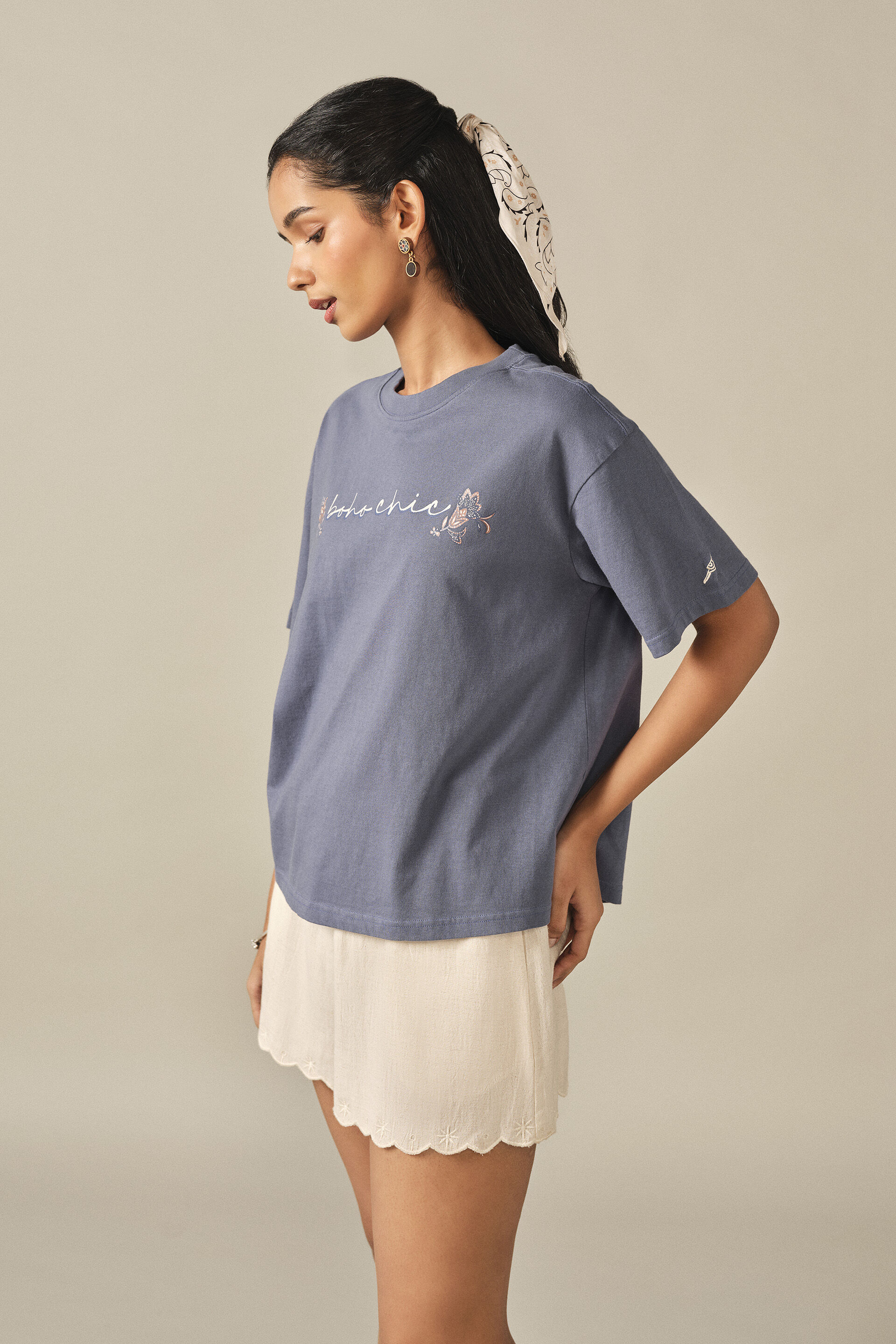 Printed Cotton T-shirt in Blue, Blue, image 2